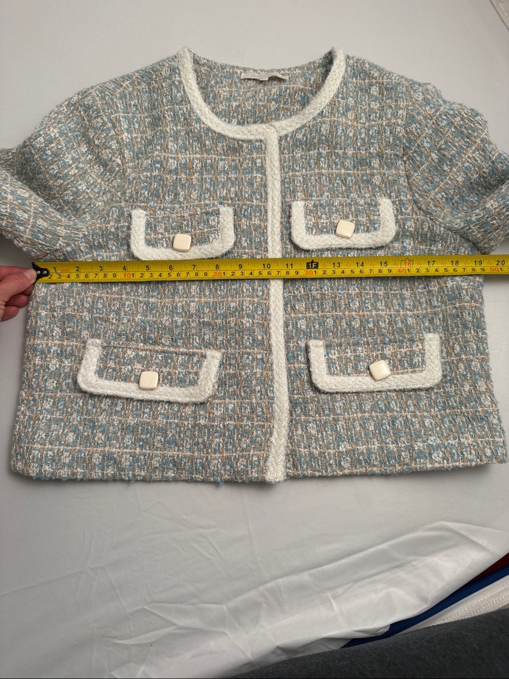 Olivaceous light blue multicolor tweed satin lined boxy blazer - Picture 7 of 9